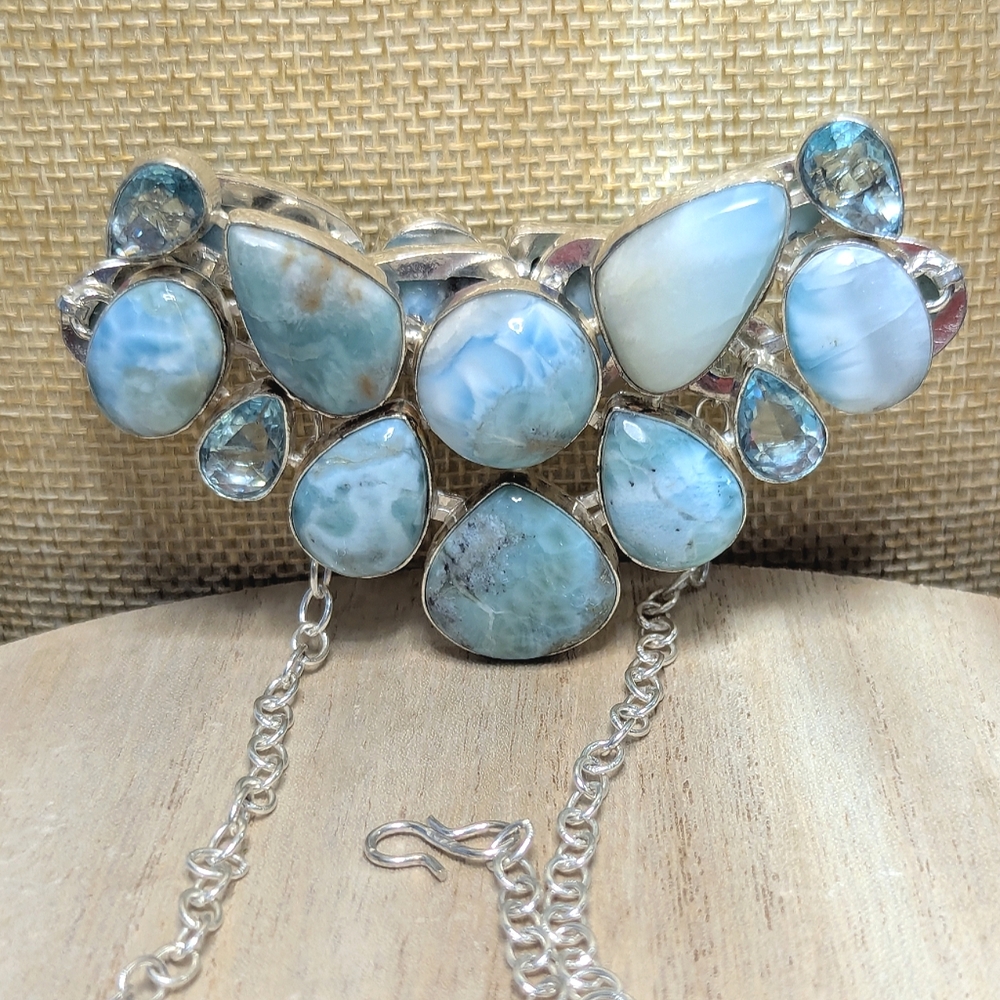 Natural Larimar Statement Necklace With Aquamarine Accents - Picture 8 of 8